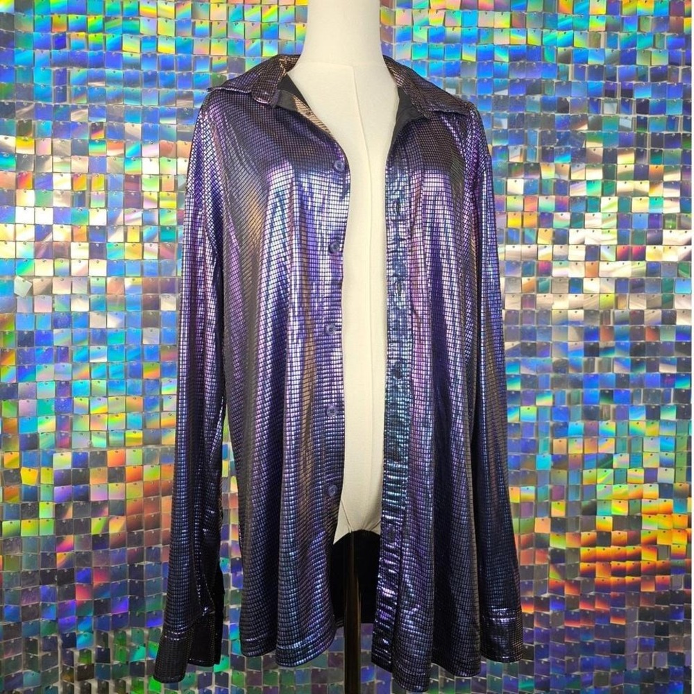Iridescent Purple Button Down Shirt Long Sleeve Shiny Party Top